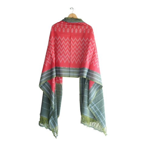 Full view of handwoven teal green and coral Ikkat cotton dupatta with fringe - ISYVIK-D