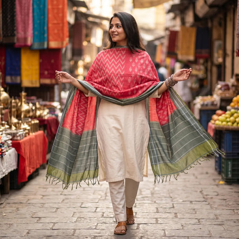 Grey Green Coral Ikkat Cotton Dupatta | Handwoven Chevron Design | 250x90cm