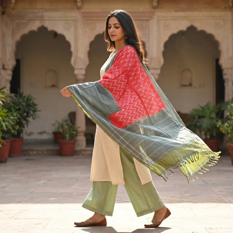 Grey Green Coral Ikkat Cotton Dupatta | Handwoven Chevron Design | 250x90cm