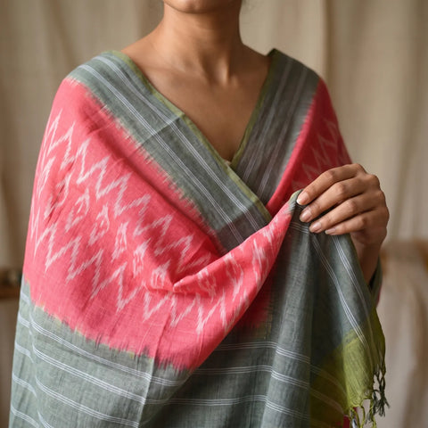 Grey Green Coral Ikkat Cotton Dupatta | Handwoven Chevron Design | 250x90cm