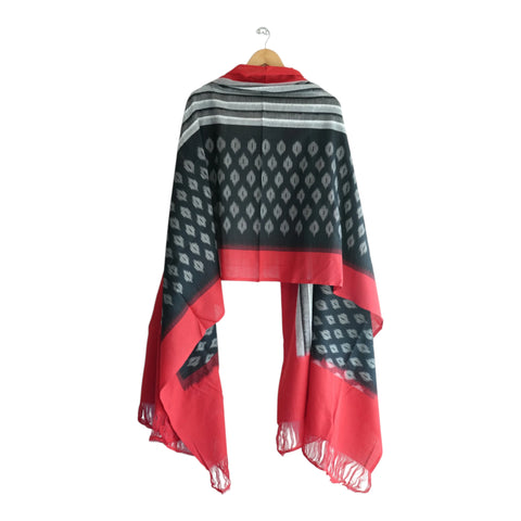 Full flat lay of black Ikkat cotton dupatta with white diamond motifs and striped white pallu - ISYVIK-E