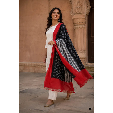 Black Red Ikkat Cotton Dupatta | Handwoven Diamond Weave | 250x90cm