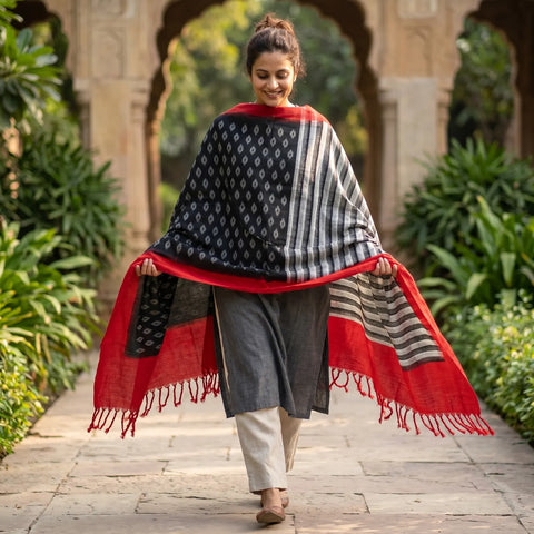 Black Red Ikkat Cotton Dupatta | Handwoven Diamond Weave | 250x90cm