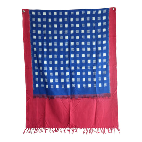Royal blue handwoven Ikkat cotton dupatta with white box check motifs and pink border - Indiascarves ISYVIK-F