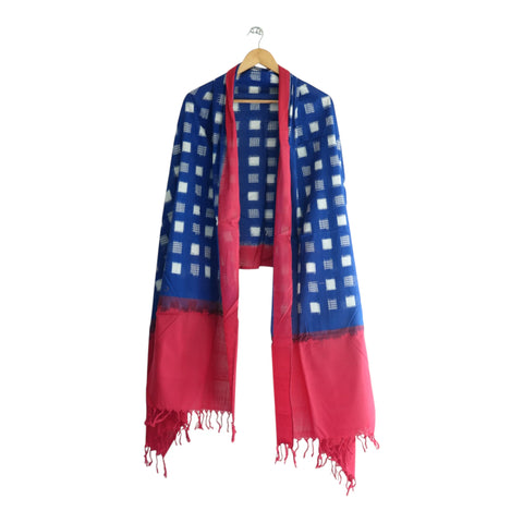 Close-up of white square Ikkat motifs on royal blue cotton dupatta - ISYVIK-F