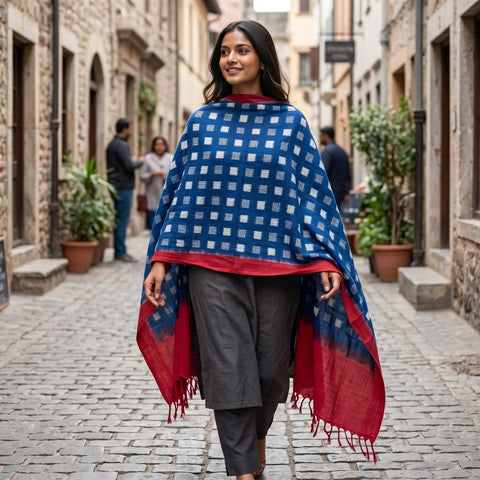 Royal Blue Pink Ikkat Cotton Dupatta | Handwoven Checked Pattern | 250x90cm