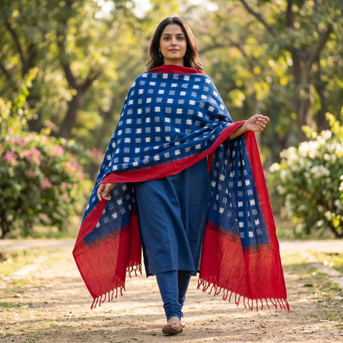 Royal Blue Pink Ikkat Cotton Dupatta | Handwoven Checked Pattern | 250x90cm