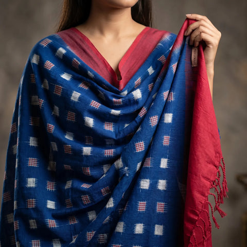 Royal Blue Pink Ikkat Cotton Dupatta | Handwoven Checked Pattern | 250x90cm