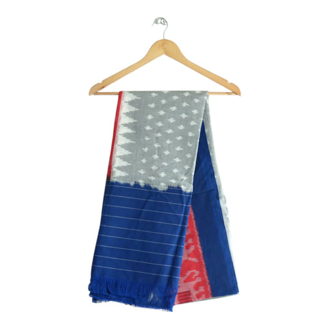 Grey handwoven Ikkat cotton dupatta with white star motifs and royal blue pallu - Indiascarves ISYVIK-G