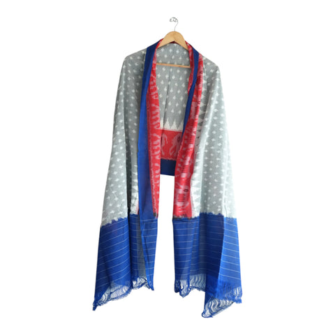 Draped view of grey Ikkat dupatta showing royal blue pallu and pink accent border - ISYVIK-G