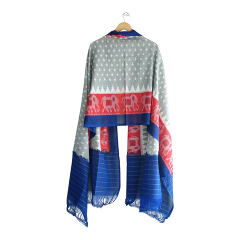 Full view of handwoven grey and blue Ikkat cotton dupatta with fringe ends - ISYVIK-G