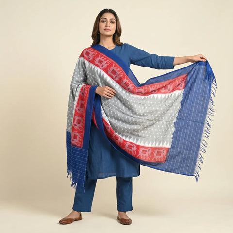 Grey Blue Ikkat Cotton Dupatta | Handwoven Star Motif | 250x90cm