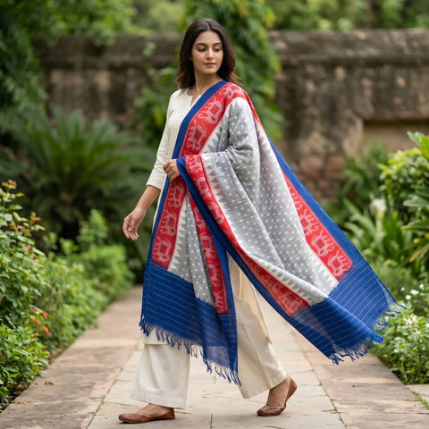 Grey Blue Ikkat Cotton Dupatta | Handwoven Star Motif | 250x90cm