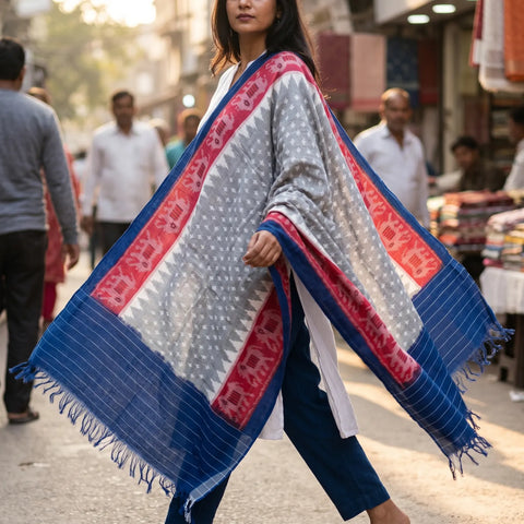 Grey Blue Ikkat Cotton Dupatta | Handwoven Star Motif | 250x90cm