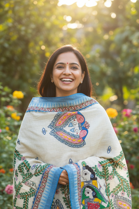Blue Border Radha Krishna Hand Painted Madhubani Art Cotton Silk Dupatta