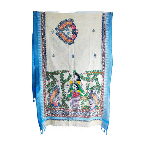 Blue border Radha Krishna hand painted Madhubani art cotton silk dupatta — full display view