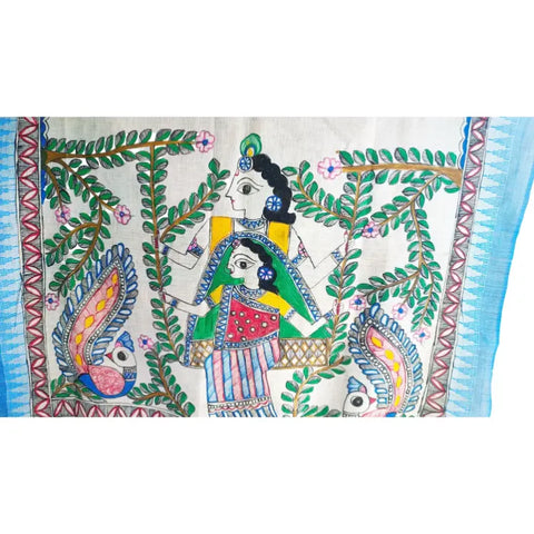 Radha Krishna Madhubani art dupatta draped — traditional Indian ethnic silk wear
