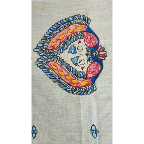 Close-up of hand painted Radha Krishna motif with blue border on cotton silk dupatta