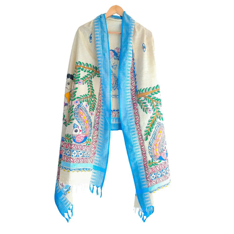 Blue border Radha Krishna hand painted Madhubani art cotton silk dupatta — full display view