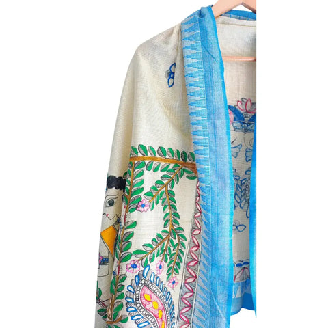 Radha Krishna Madhubani art dupatta draped — traditional Indian ethnic silk wear
