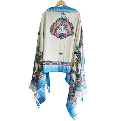 Blue border Radha Krishna hand painted Madhubani art cotton silk dupatta — full display view