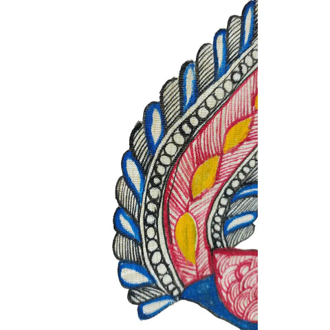 Close-up of hand painted Radha Krishna motif with blue border on cotton silk dupatta