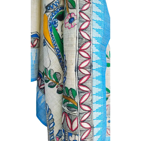 Blue border Radha Krishna hand painted Madhubani art cotton silk dupatta — full display view