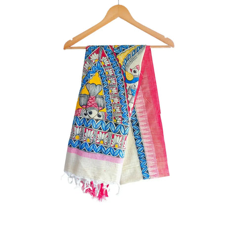 Pink border Ganesha hand painted Madhubani art cotton silk dupatta — full hanger view