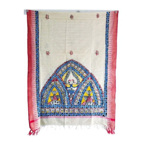 Ganesha Madhubani art dupatta draped over kurta — pink border ethnic styling