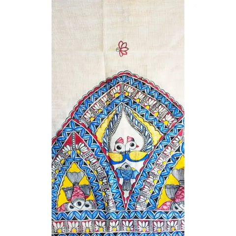 Close-up of hand painted Ganesha motif detail on cotton silk Madhubani dupatta