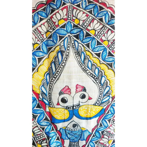 Close-up of hand painted Ganesha motif detail on cotton silk Madhubani dupatta