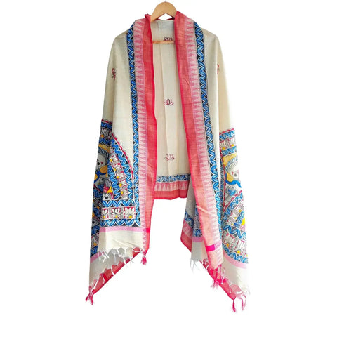 Pink border Ganesha hand painted Madhubani art cotton silk dupatta — full hanger view