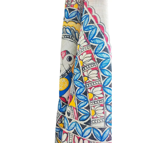 Ganesha Madhubani art dupatta draped over kurta — pink border ethnic styling