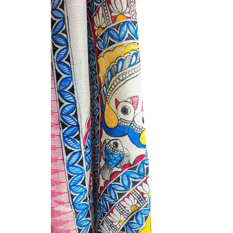 Close-up of hand painted Ganesha motif detail on cotton silk Madhubani dupatta