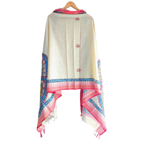 Pink border Ganesha hand painted Madhubani art cotton silk dupatta — full hanger view