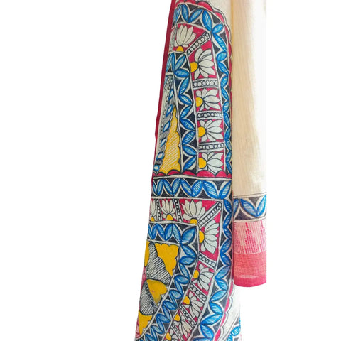 Ganesha Madhubani art dupatta draped over kurta — pink border ethnic styling