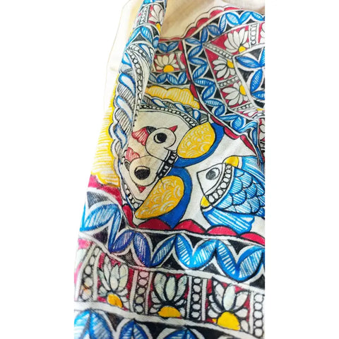 Pink border Ganesha hand painted Madhubani art cotton silk dupatta — full hanger view