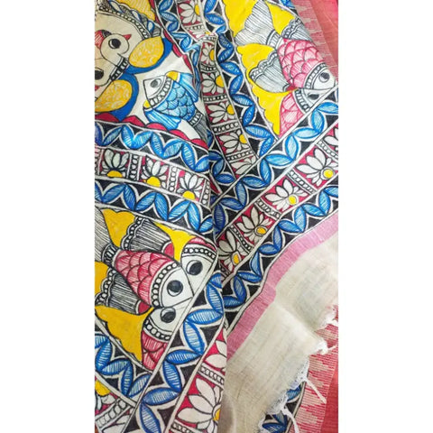 Ganesha Madhubani art dupatta draped over kurta — pink border ethnic styling