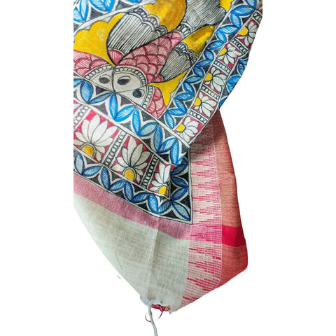 Close-up of hand painted Ganesha motif detail on cotton silk Madhubani dupatta