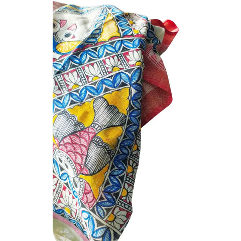 Pink border Ganesha hand painted Madhubani art cotton silk dupatta — full hanger view