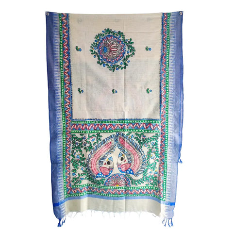 Blue peacock fish hand painted Madhubani art cotton silk dupatta — full display