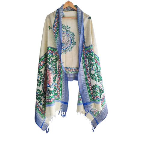 Madhubani dupatta with peacock and fish motifs in blue draped — traditional styling