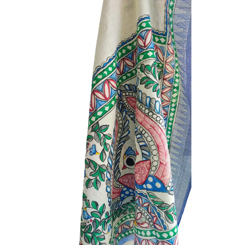 Close-up of hand painted peacock and fish motif on blue cotton silk Madhubani dupatta