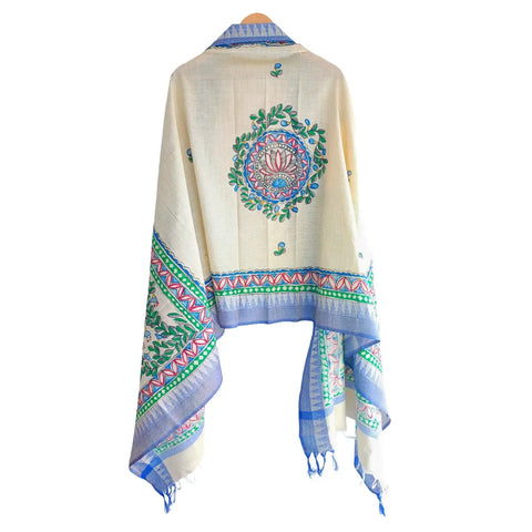 Blue peacock fish hand painted Madhubani art cotton silk dupatta — full display