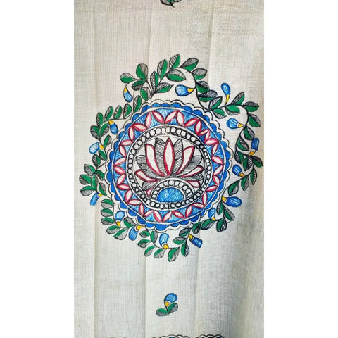 Madhubani dupatta with peacock and fish motifs in blue draped — traditional styling