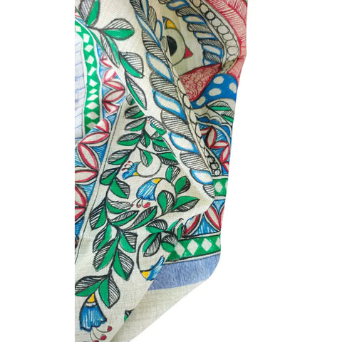 Blue peacock fish hand painted Madhubani art cotton silk dupatta — full display