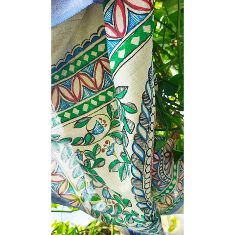 Madhubani dupatta with peacock and fish motifs in blue draped — traditional styling
