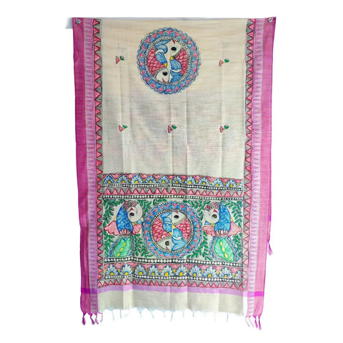 Mauve peacock fish Madhubani hand painted cotton silk dupatta — full flat display