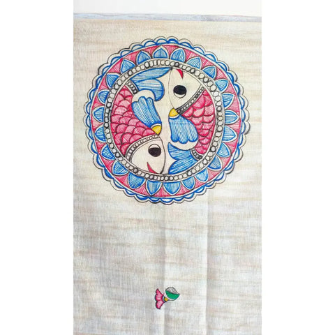 Hand painted mauve Madhubani dupatta with peacock motifs draped — ethnic wear