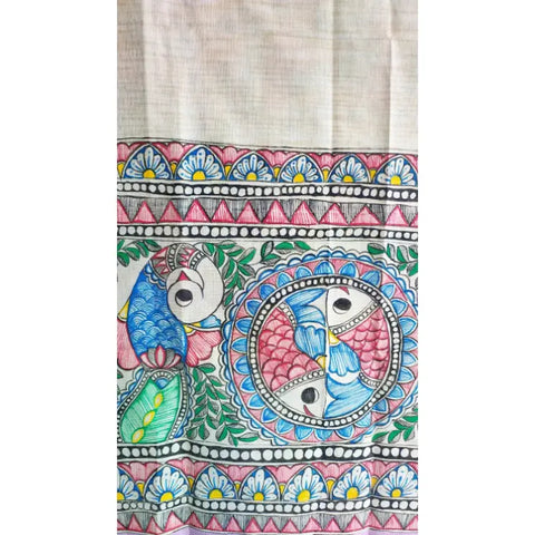 Close-up of peacock fish motif on mauve Madhubani hand painted cotton silk dupatta